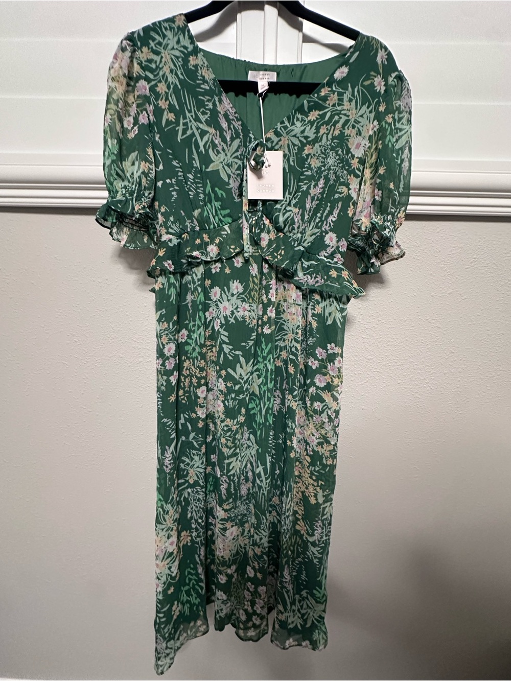 NWT LC Lauren Conrad Green Floral Midi Dress with Ruffle Trim
